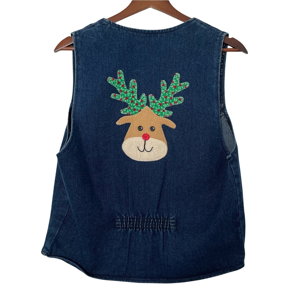 Vintage 90s Apache Denim Vest M Christmas Reindeer Applique USA Western Y2K Folk